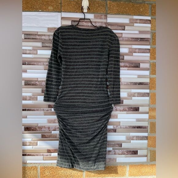 Standard James Perse Midi Dress Gray Green Striped Ruched Scoop Neck Cotton 1 - Picture 8 of 8